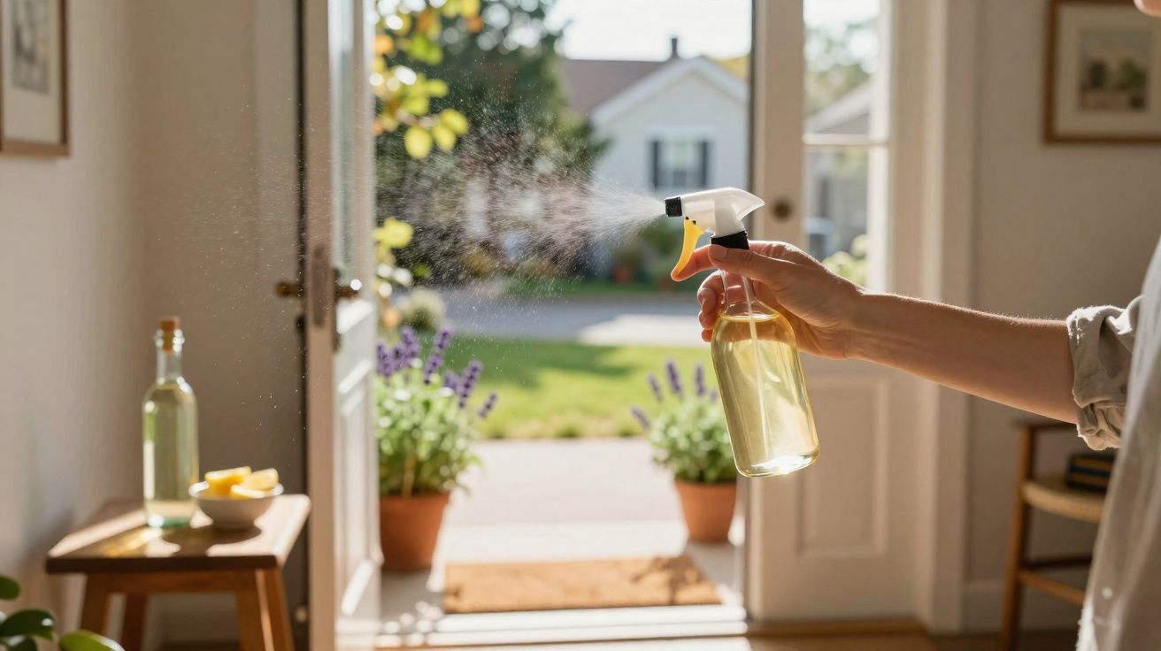 Main tenant un pulvérisateur d’eau vaporisant dans l’entrée d’une maison ouverte sur un jardin ensoleillé.