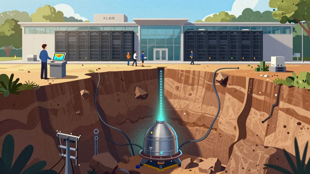 Serveur informatique avec data center en surface et installation souterraine technologique connectée par câbles.