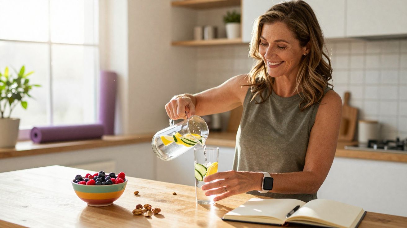 Femme souriante versant de l'eau infusée citron concombre dans un verre dans une cuisine moderne lumineuse.