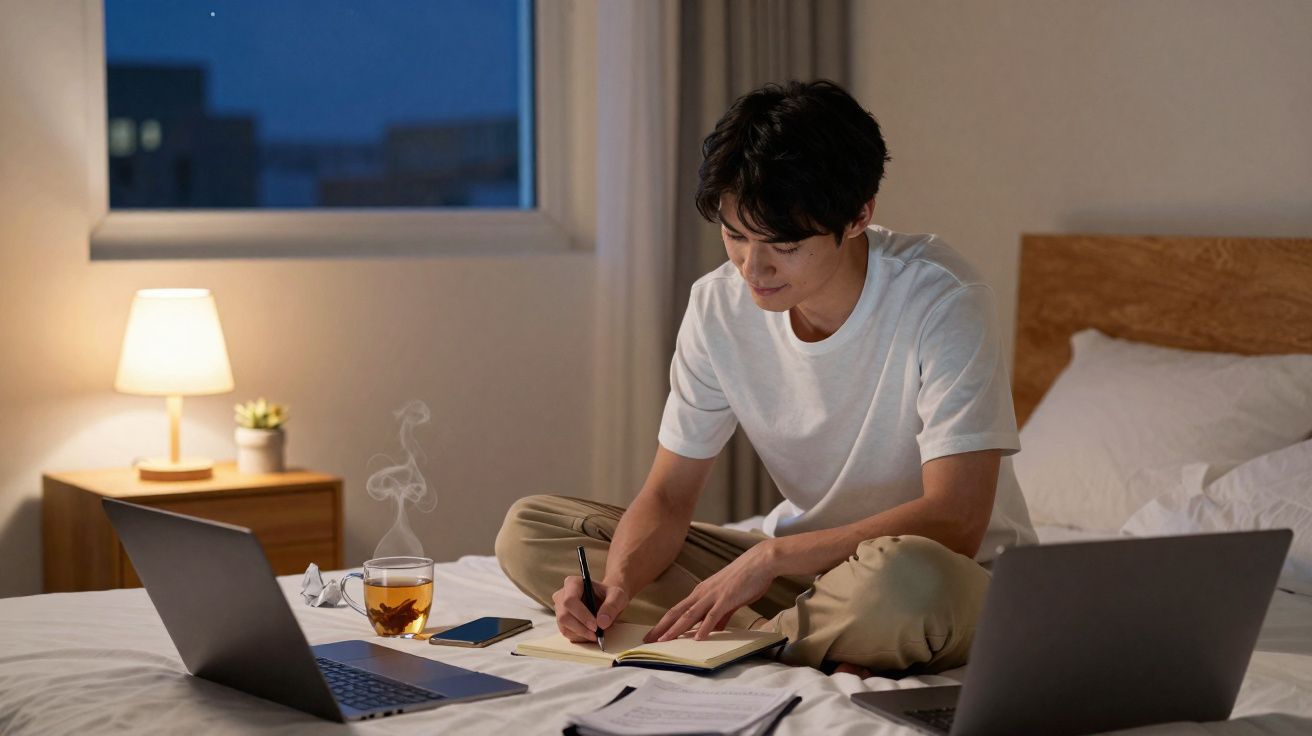Jeune homme écrivant dans un carnet sur un lit, entouré d'ordinateurs portables et de papier, soirée calme.
