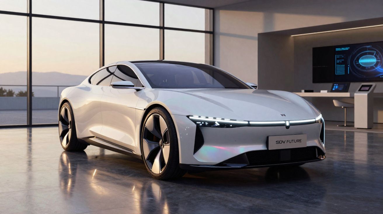 Voiture électrique sportive blanche SDV Future garée dans un showroom moderne avec fenêtres panoramiques.