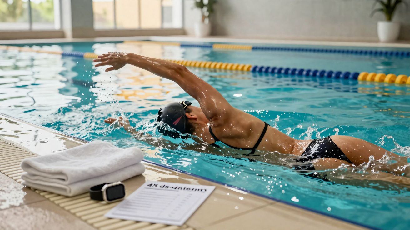Nageuse en maillot de bain noir effectuant une brasse dans une piscine intérieure avec serviettes et chronomètre à côté.