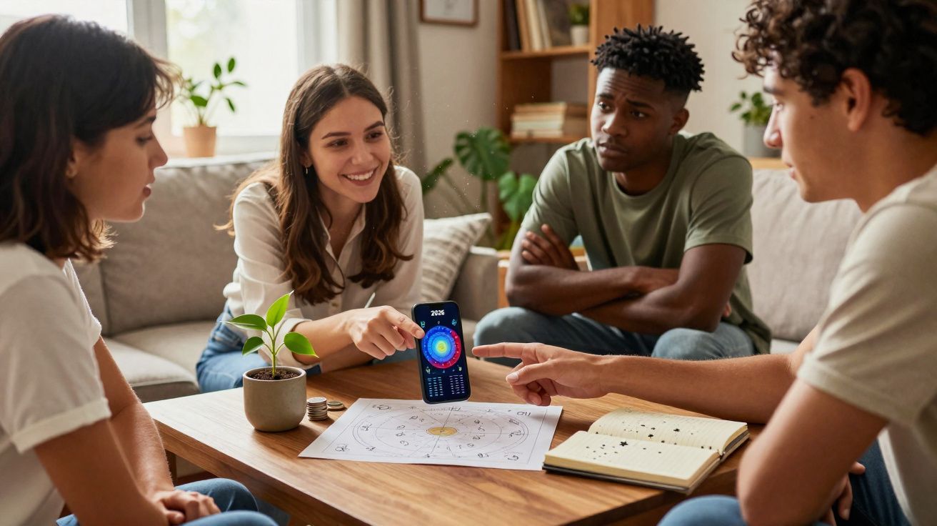 Groupe de quatre jeunes discutant d’astrologie avec un téléphone et une carte astrologique sur une table.