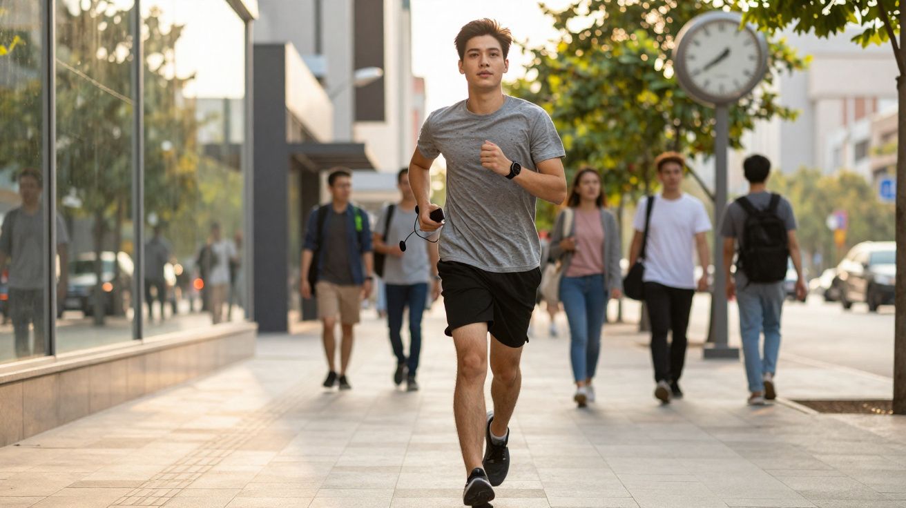 Jeune homme courant en ville en tenue sportive, avec plusieurs passants en arrière-plan sur un trottoir urbain.