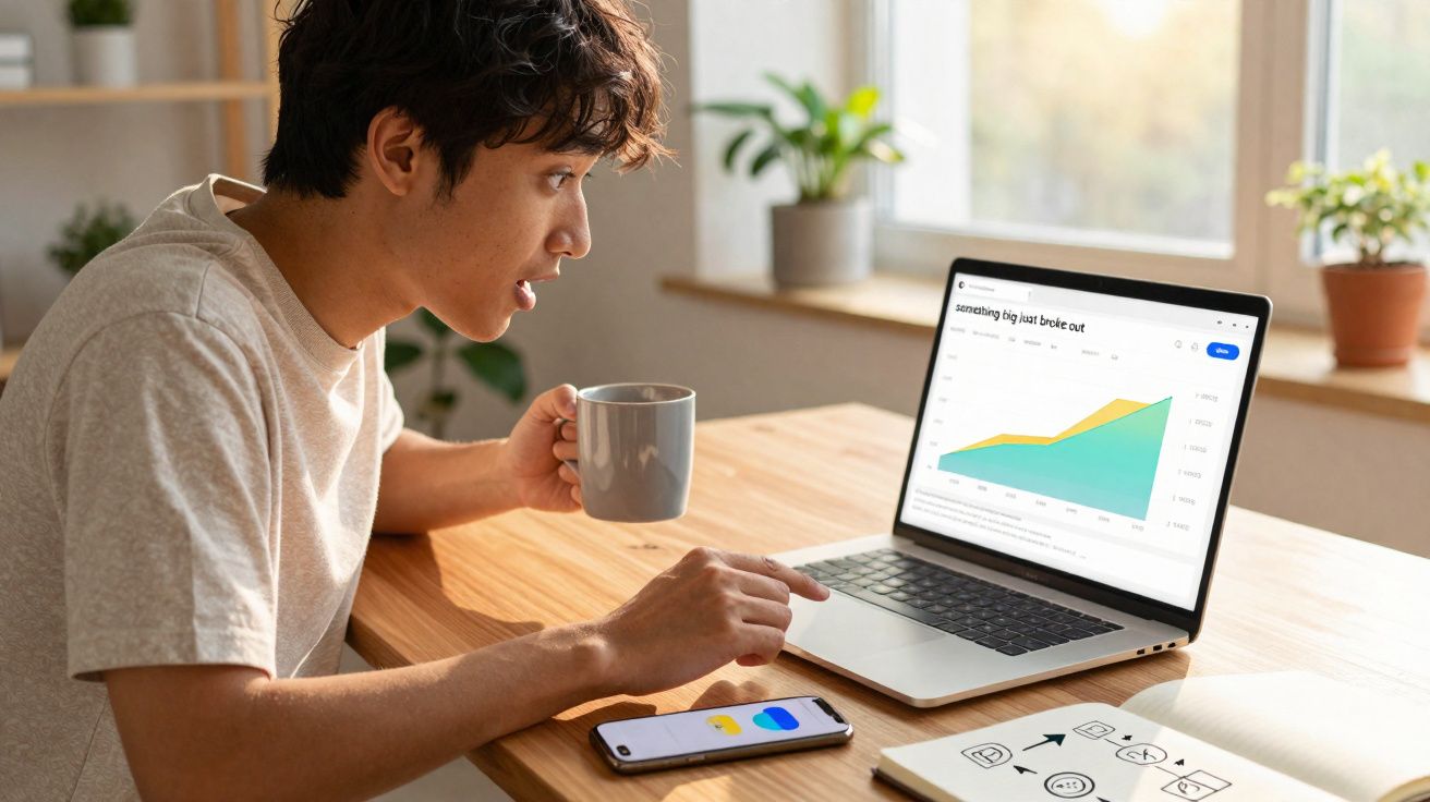 Jeune homme regardant un graphique en hausse sur un ordinateur portable, tenant une tasse, smartphone posé sur la table.