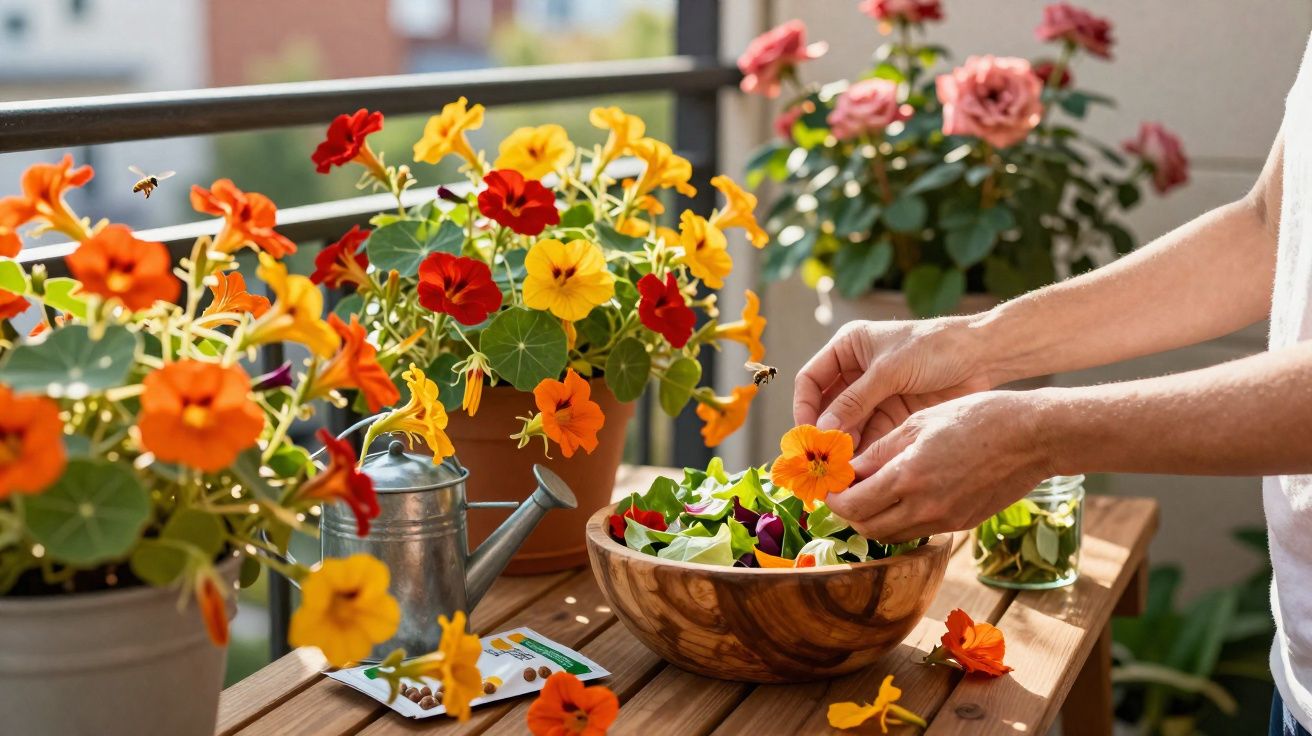 Personne préparant une salade avec des fleurs comestibles colorées sur une terrasse ensoleillée.