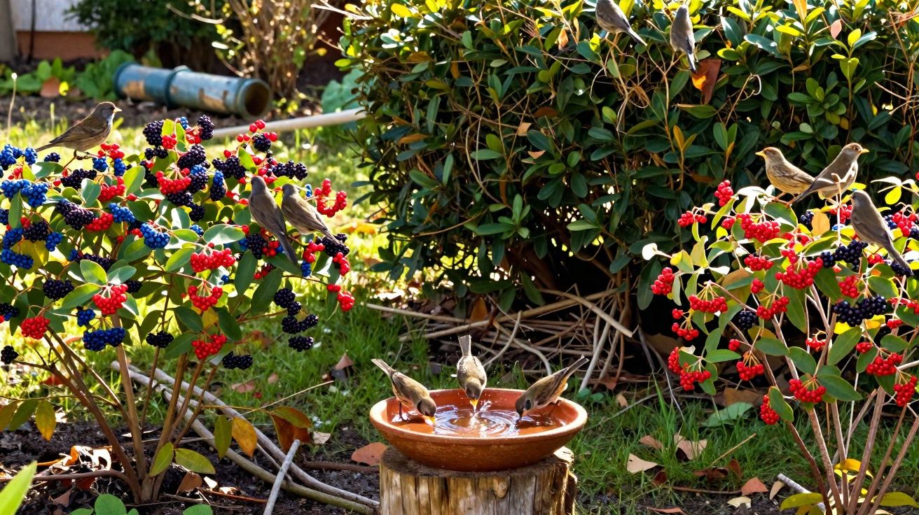 Oiseaux se rassemblant autour d’un bain d’eau dans un jardin avec arbustes aux baies rouges et noires.