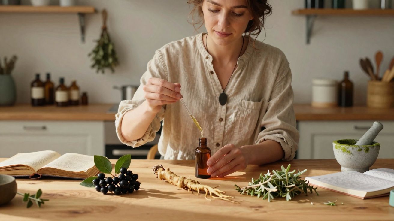 Femme préparant une teinture avec des plantes médicinales et un compte-gouttes dans une cuisine lumineuse.