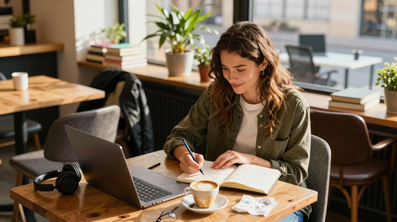 Jeune femme écrivant dans un carnet avec un ordinateur et un café sur une table en bois dans un café lumineux.
