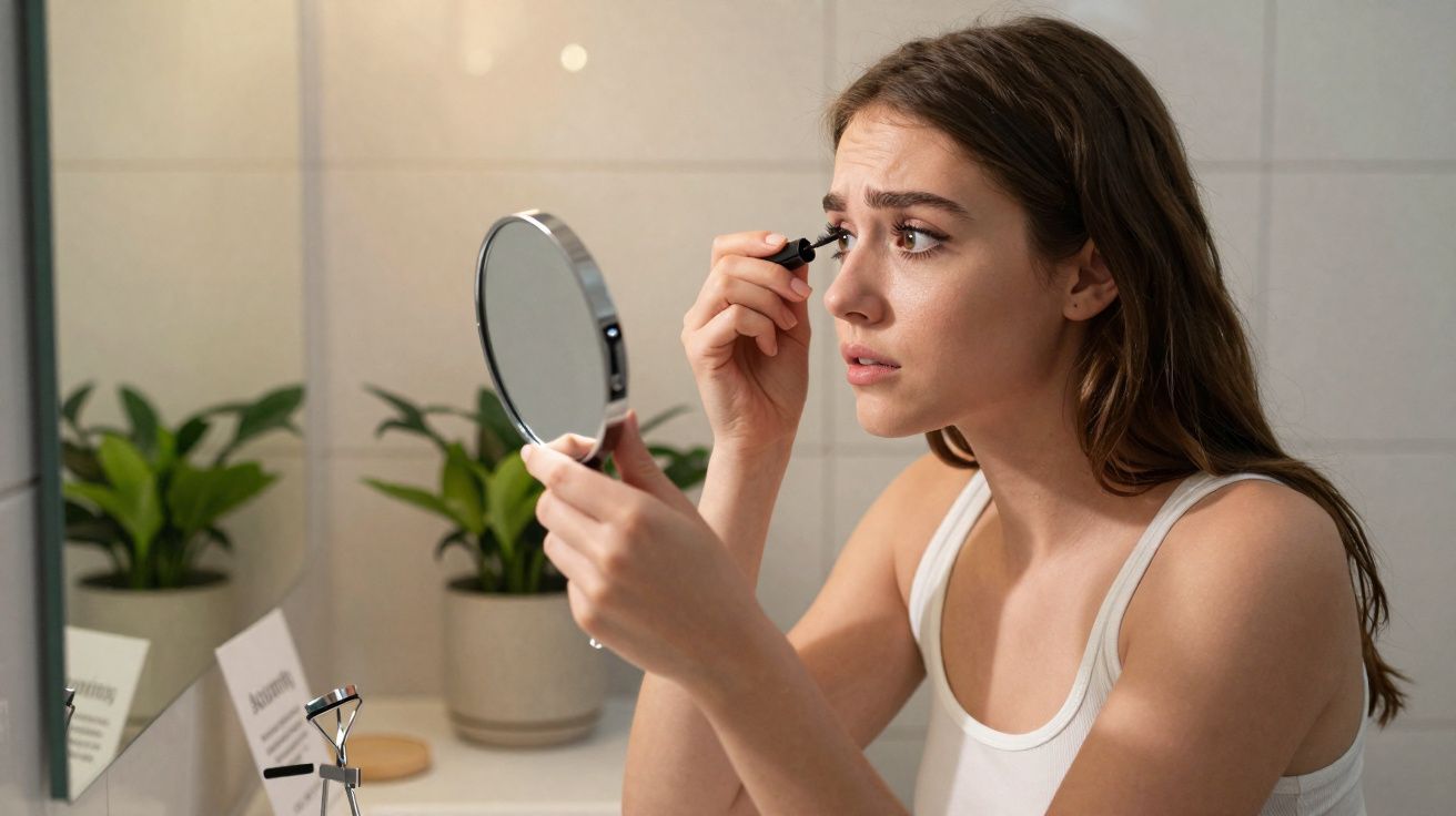 Jeune femme appliquant du mascara devant un miroir à main dans une salle de bain lumineuse.