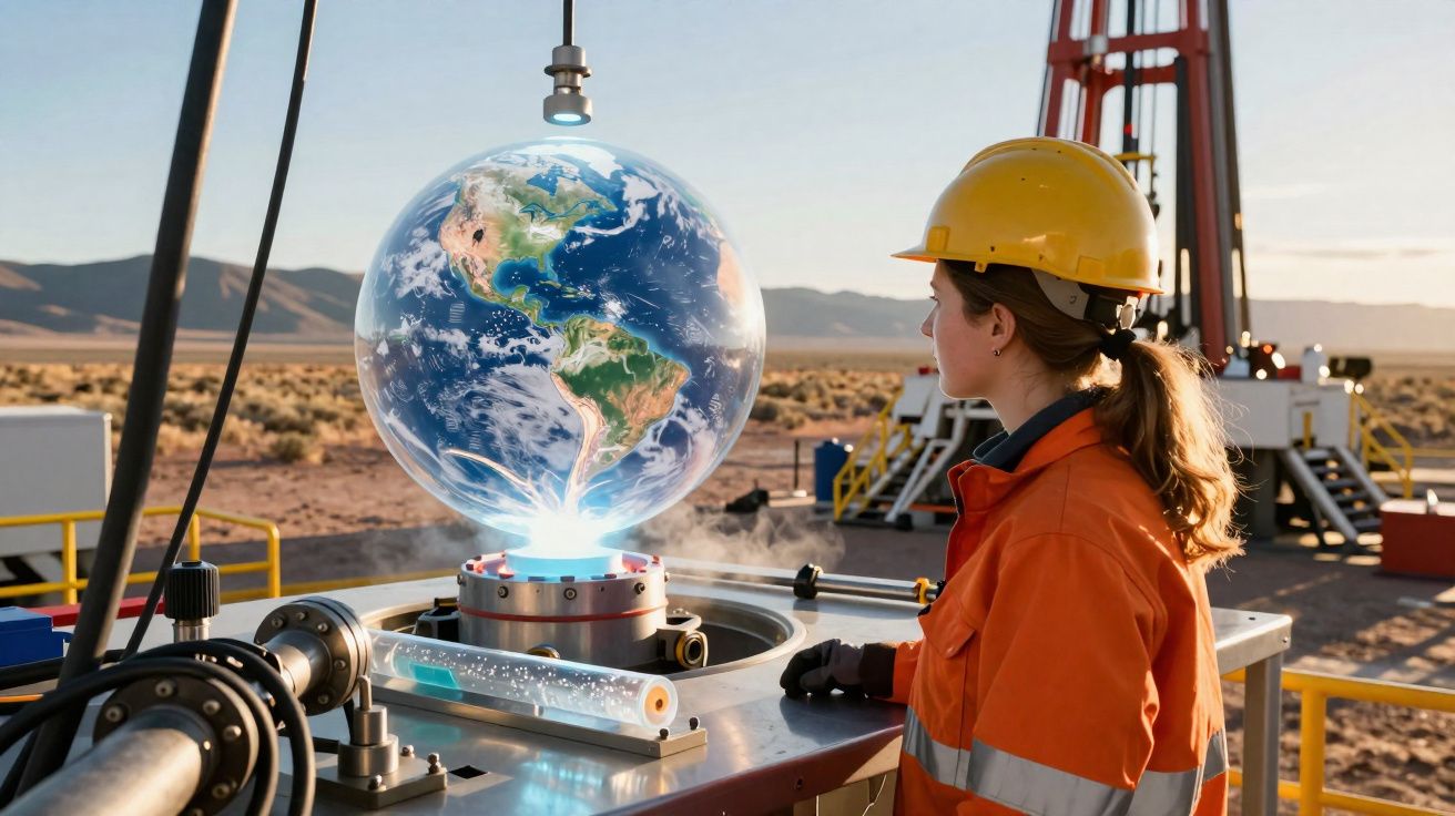 Une femme en tenue de chantier regarde un globe terrestre holographique sur un site industriel en plein désert.
