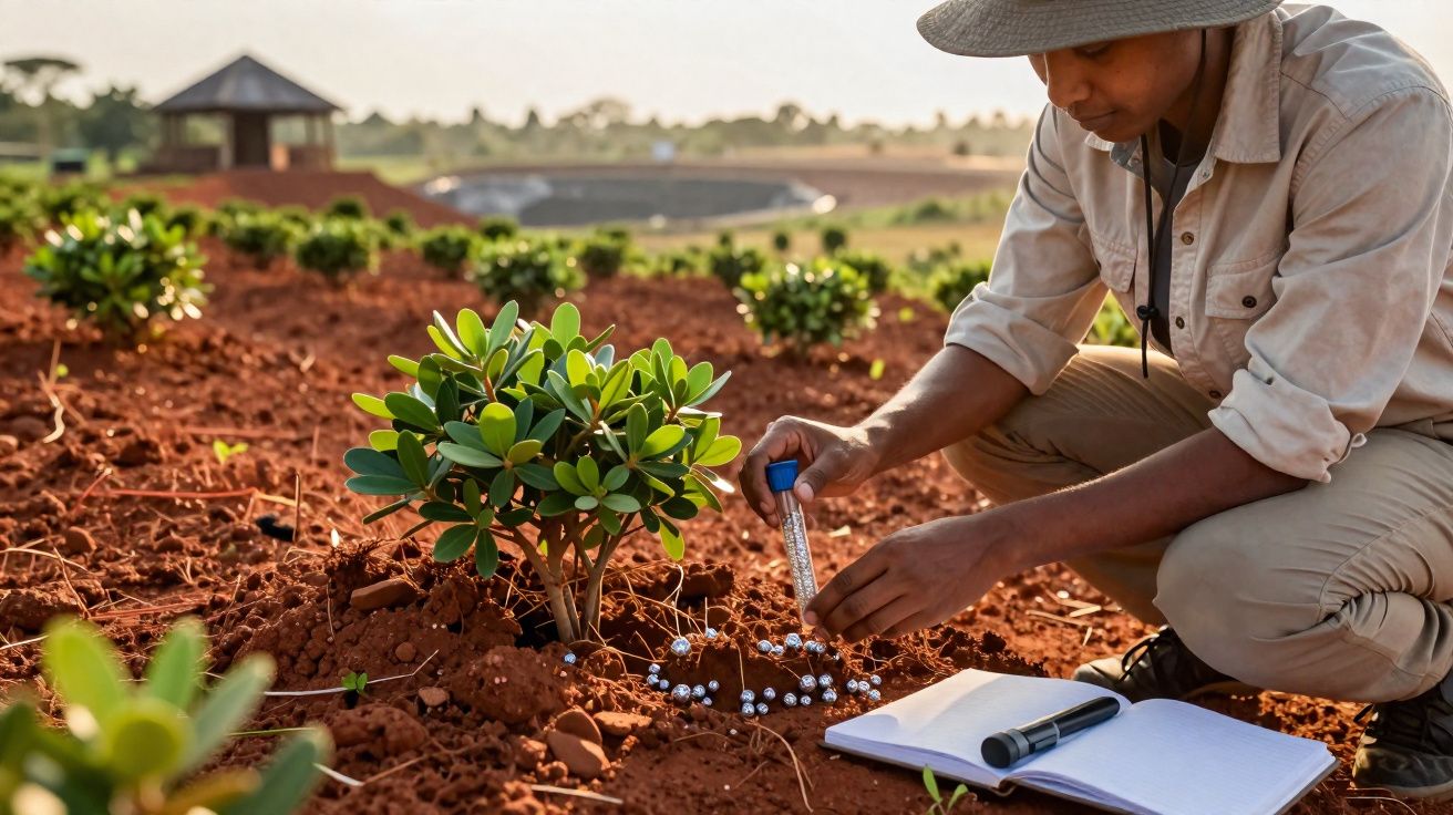 Chercheur analysant la croissance d'une jeune plante dans un champ rougeâtre avec un carnet et un outil de mesure.