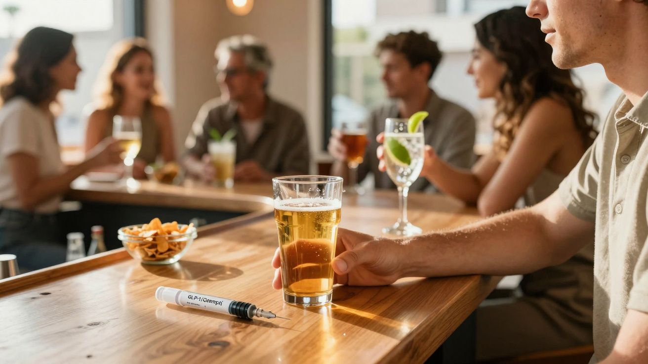 Groupe de personnes discutant autour d'un bar avec verres de bière et cocktail sur le comptoir en bois.