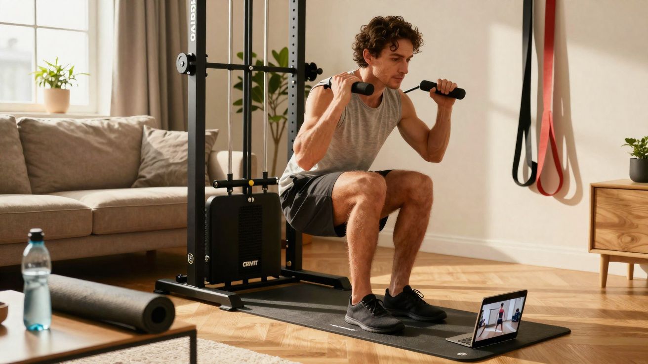 Jeune homme réalise un exercice de musculation guidé par une vidéo sur tablette dans un salon lumineux.