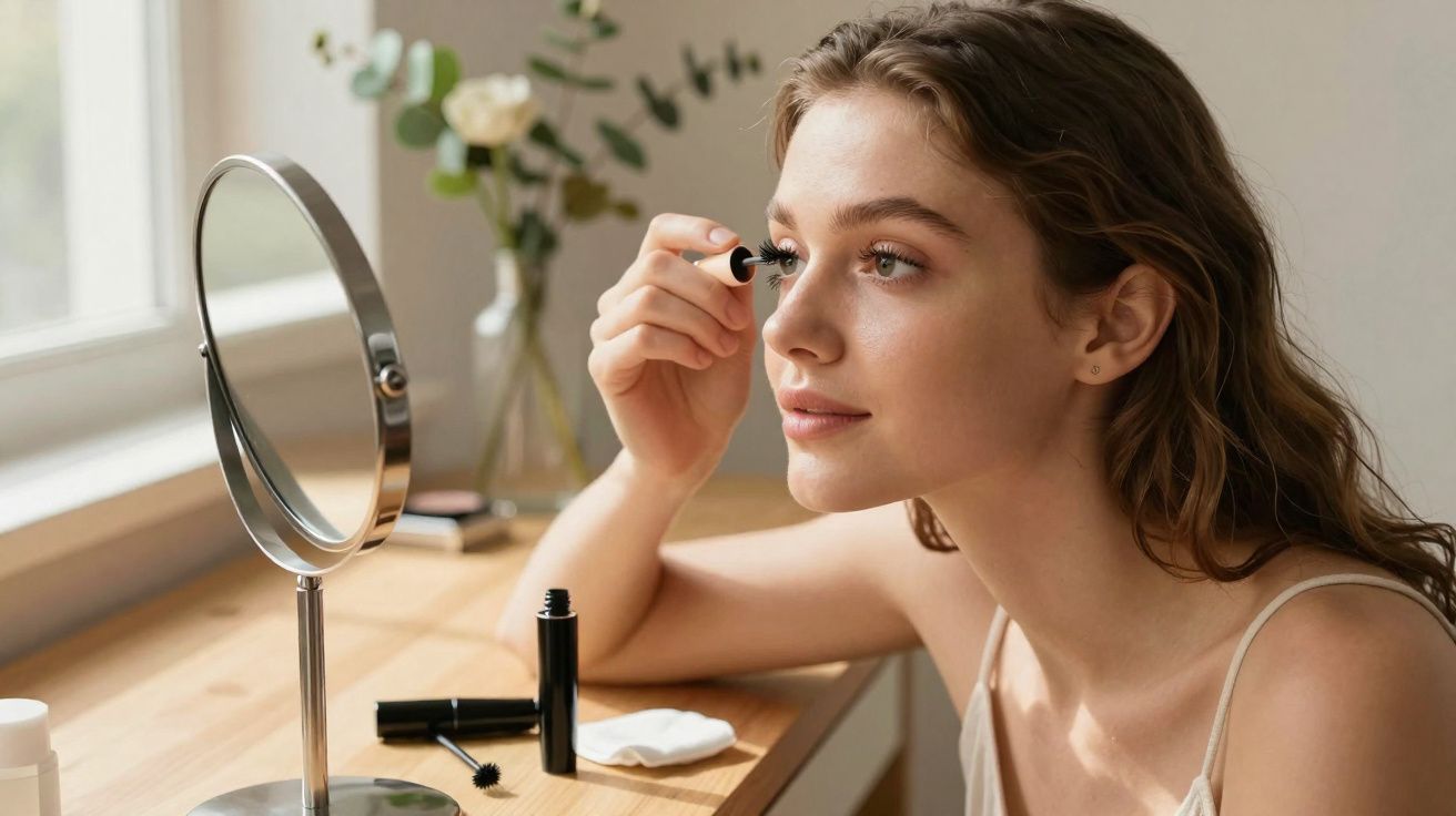 Jeune femme appliquant du mascara devant un miroir sur une coiffeuse près d'une fenêtre lumineuse.
