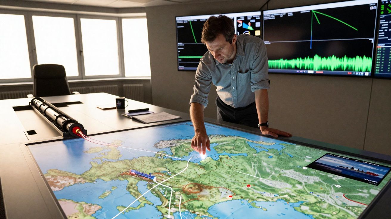 Homme analysant une carte interactive numérique sur une table dans une salle de contrôle avec écrans muraux.