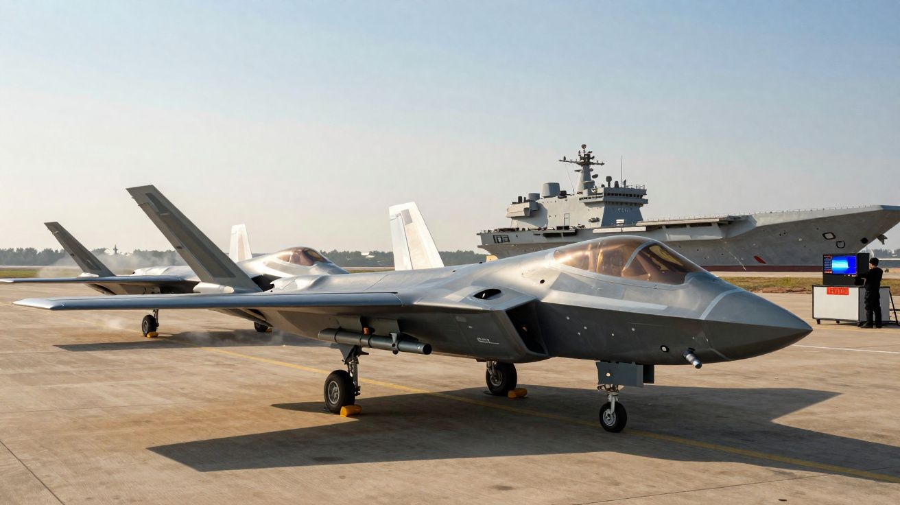 Deux avions de chasse militaires stationnés sur une piste avec un porte-avions en arrière-plan.