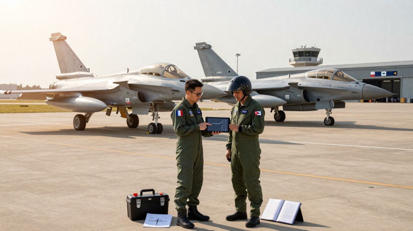 Deux militaires en uniforme discutant devant deux avions de chasse sur une piste d’aéroport.