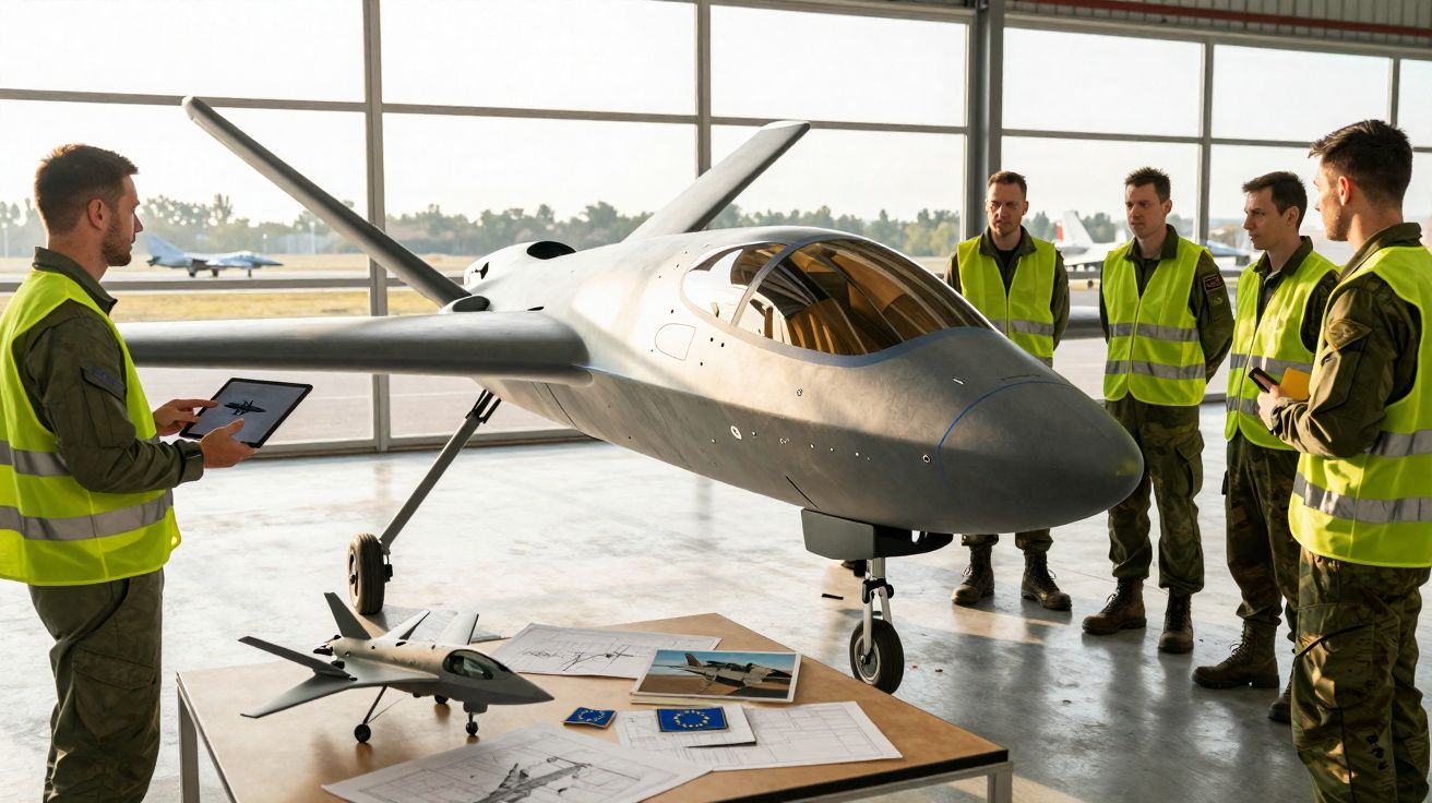 Des militaires discutant autour d’un drone militaire dans un hangar avec des plans et maquettes sur une table.