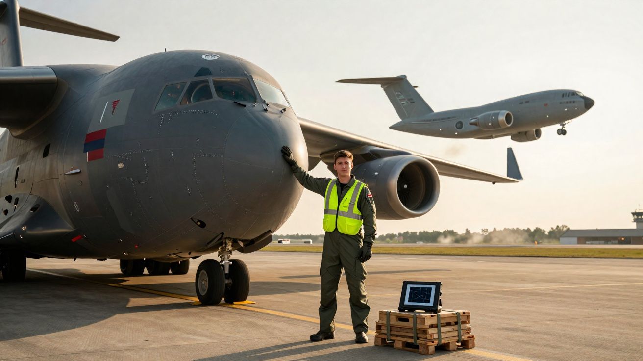 Un militaire en uniforme et gilet jaune pose devant un avion militaire au sol, un autre en approche.