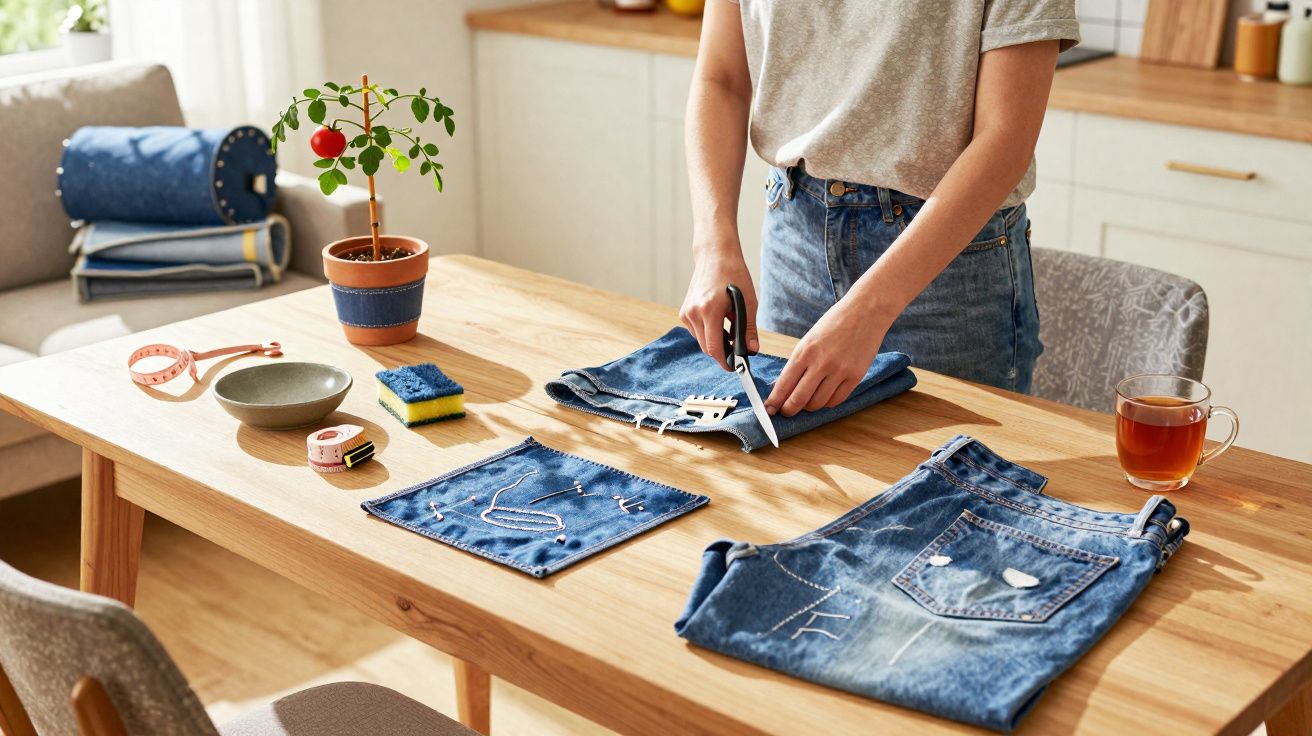Personne coupant un jean avec des ciseaux sur une table en bois dans une pièce lumineuse.