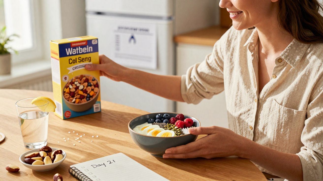 Femme prenant un bol de petit-déjeuner sain avec des fruits, graines et œuf dur près d'une boîte de céréales Watbein.