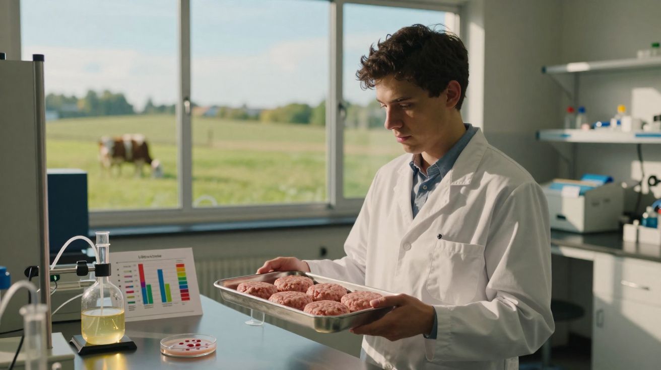 Jeune scientifique en blouse blanche examinant un plateau de viande cultivée dans un laboratoire lumineux avec vue campagne.