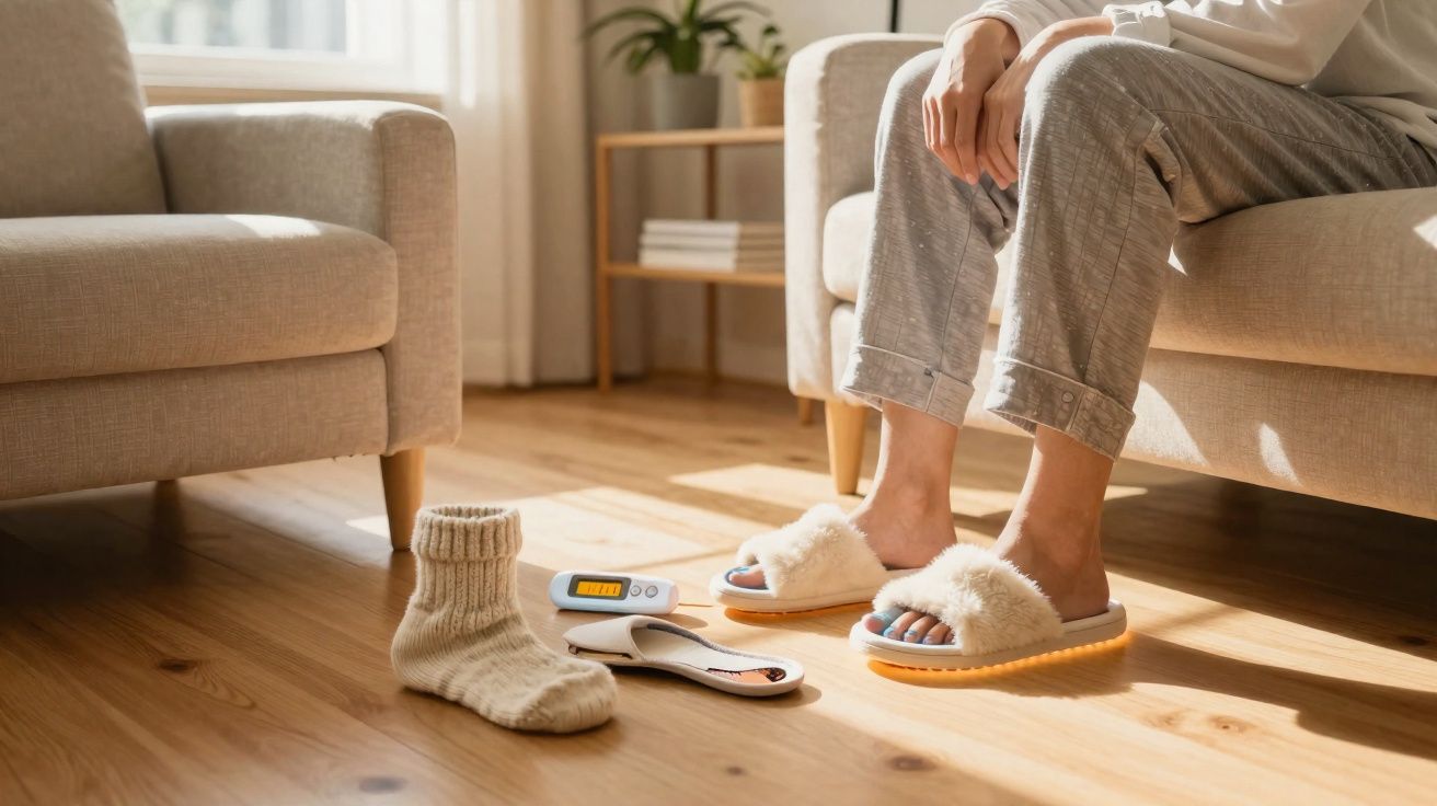 Personne assise sur un canapé, portant des chaussons pelucheux, avec un thermomètre et un chausson au sol.