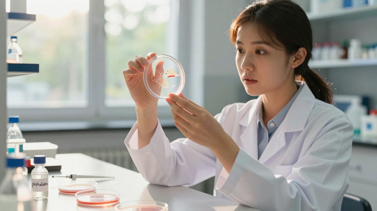 Jeune scientifique en blouse blanche examinant une boîte de Petri dans un laboratoire lumineux.