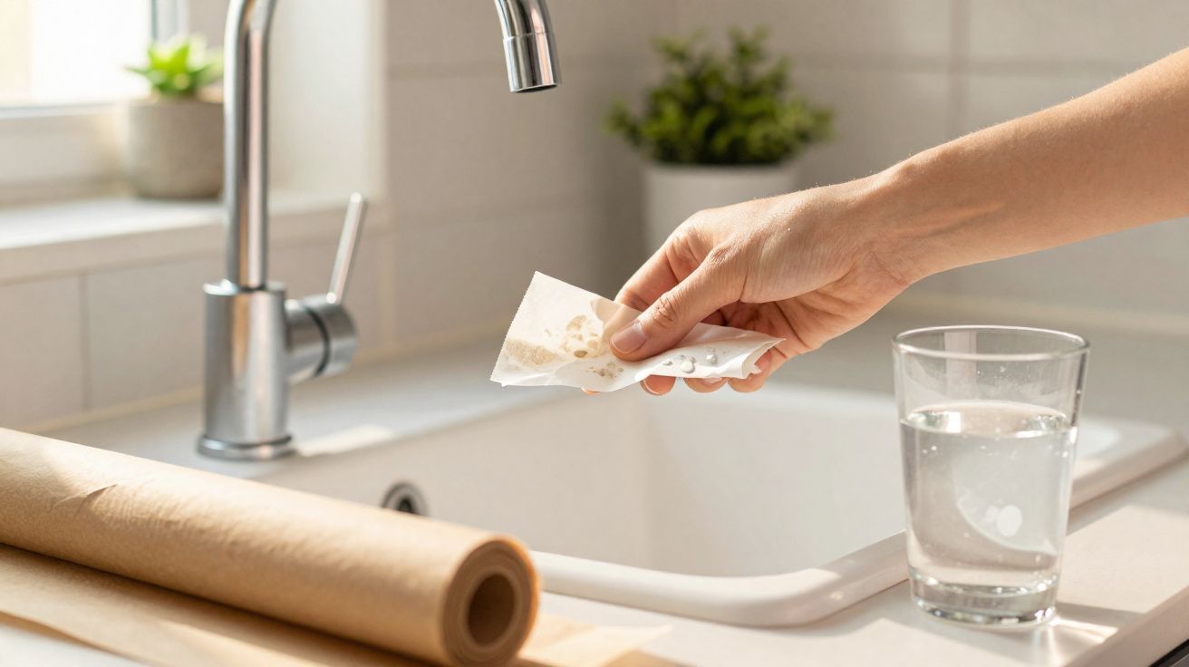 Main tenant un sachet de graines au-dessus d'un évier avec un verre d'eau et un rouleau de papier cuisson.