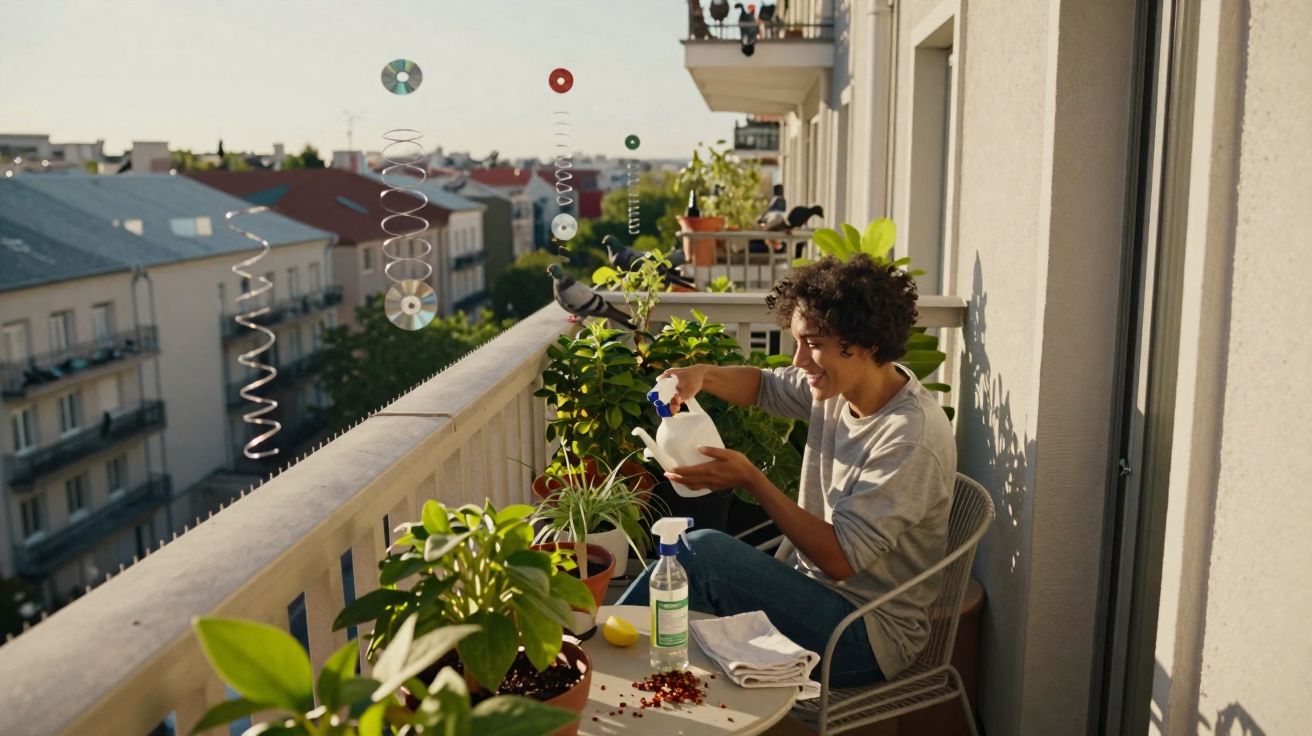 Personne arrogeant des plantes sur un balcon ensoleillé avec vue sur les immeubles voisins.