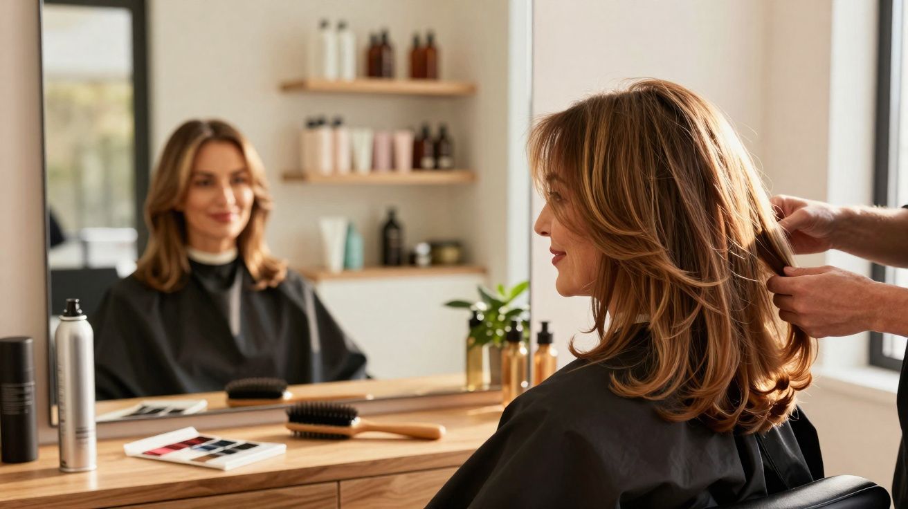 Femme assise dans un salon de coiffure, en train de se faire coiffer face à un miroir.