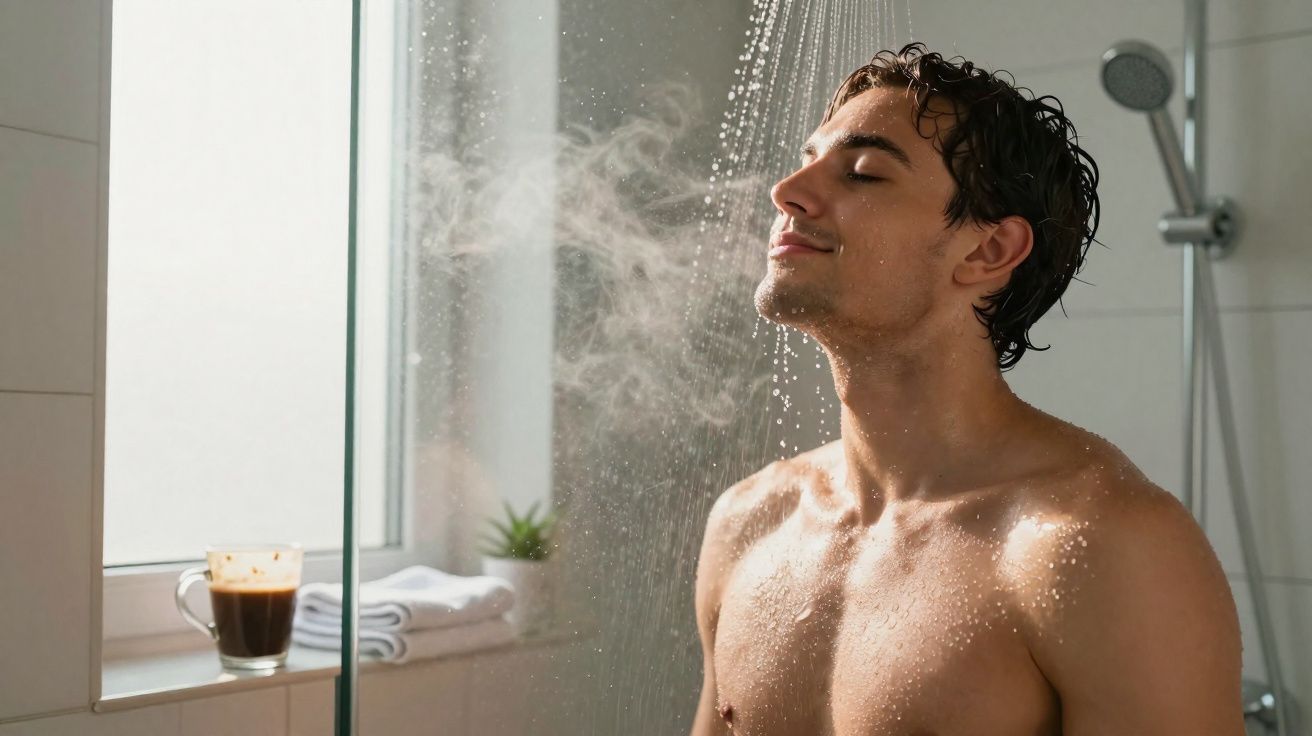 Homme souriant sous une douche chaude, vapeur visible, dans une salle de bain lumineuse avec une tasse de café à côté.