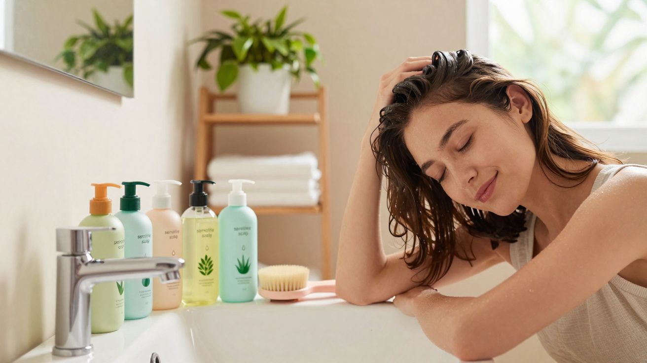 Une femme détendue appuie sa tête sur le lavabo dans une salle de bain avec des produits de soin.