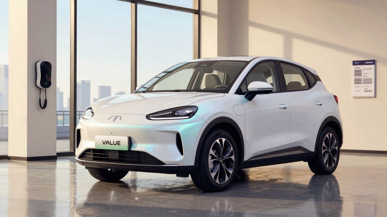 Voiture électrique blanche garée à l'intérieur près d'une borne de recharge murale dans un showroom lumineux.