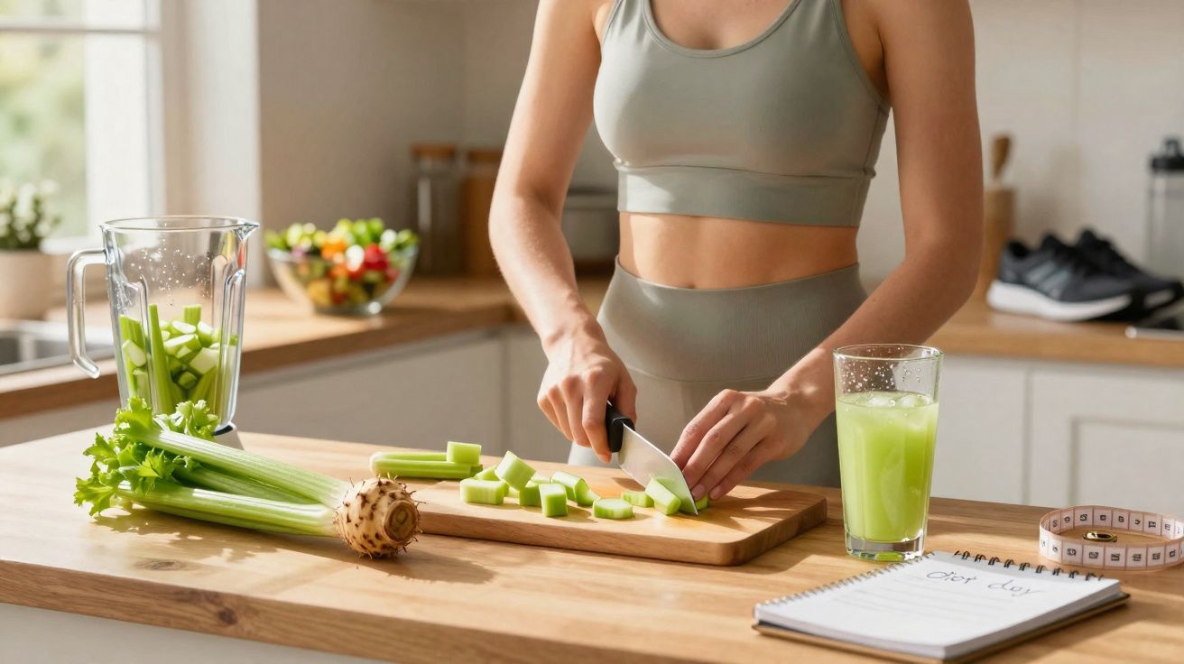 Femme en tenue de sport coupant du céleri sur une planche, jus vert et carnet sur le plan de travail.