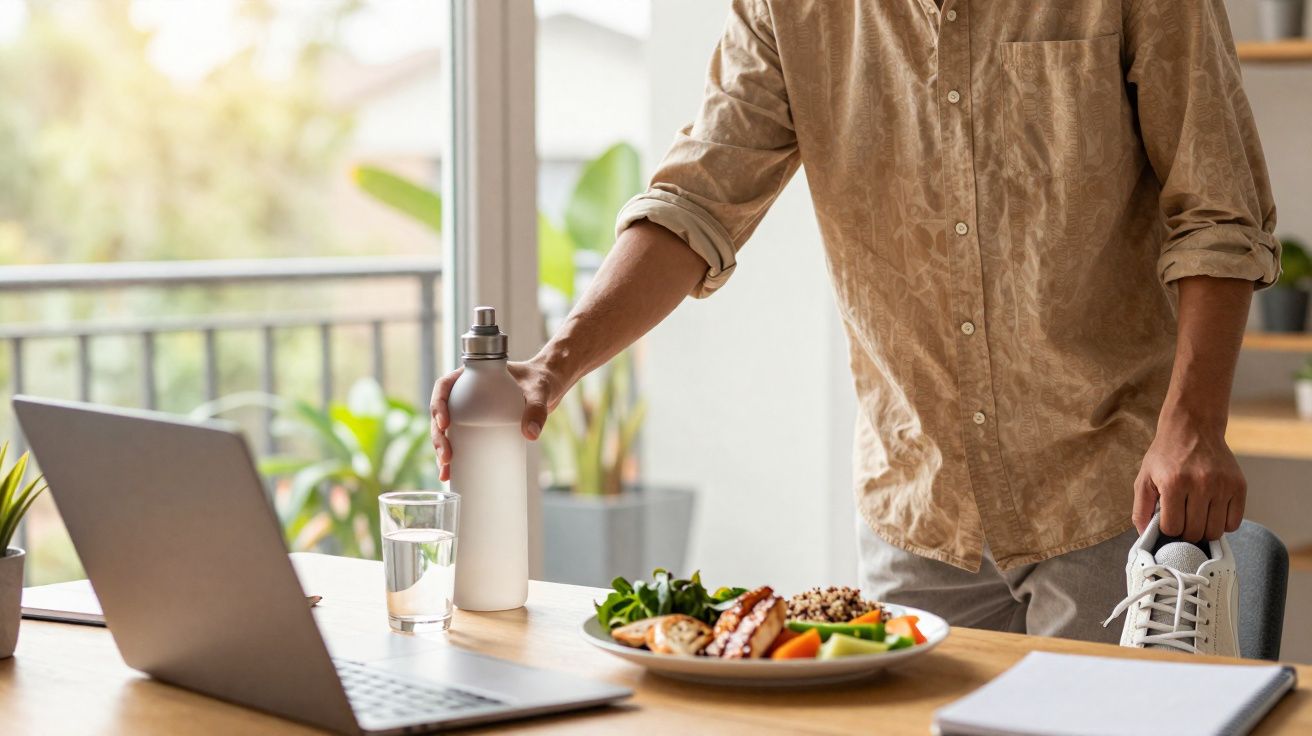 Personne près d'une table avec un ordinateur, une assiette de repas sain, une bouteille d'eau et des chaussures à la main.