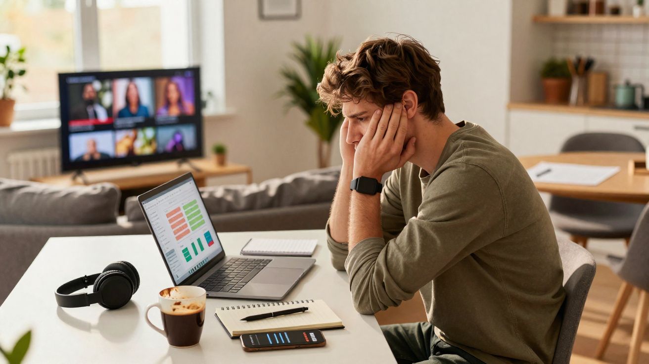 Jeune homme concentré travaillant sur ordinateur portable avec graphiques, tasse de café et téléphone sur table.