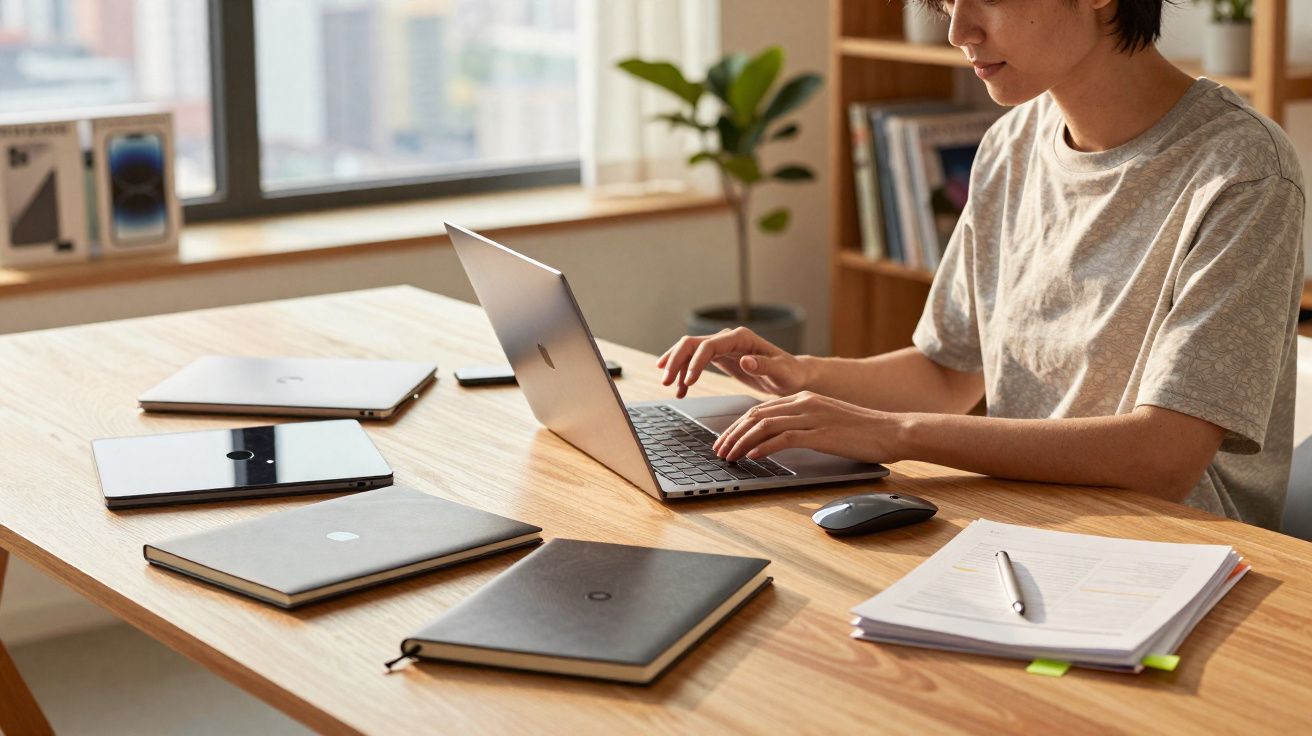 Personne travaillant sur un ordinateur portable à une table avec plusieurs carnets et documents.
