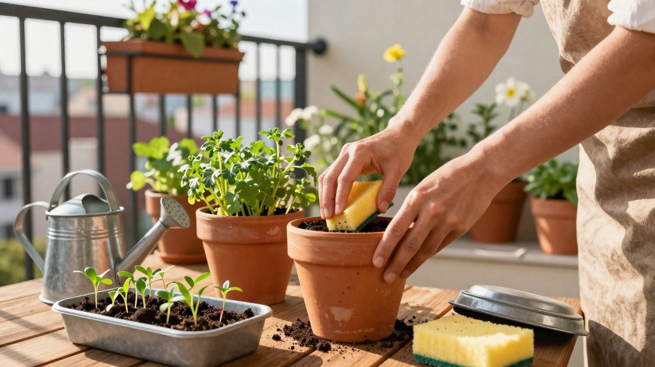 Personne nettoyant un pot en terre cuite avec une éponge sur une table en bois avec des plantes en pot.