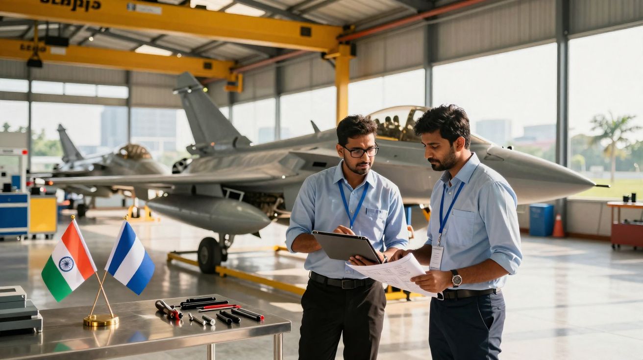 Deux ingénieurs examinent des documents près d’un avion de chasse dans un hangar lumineux.