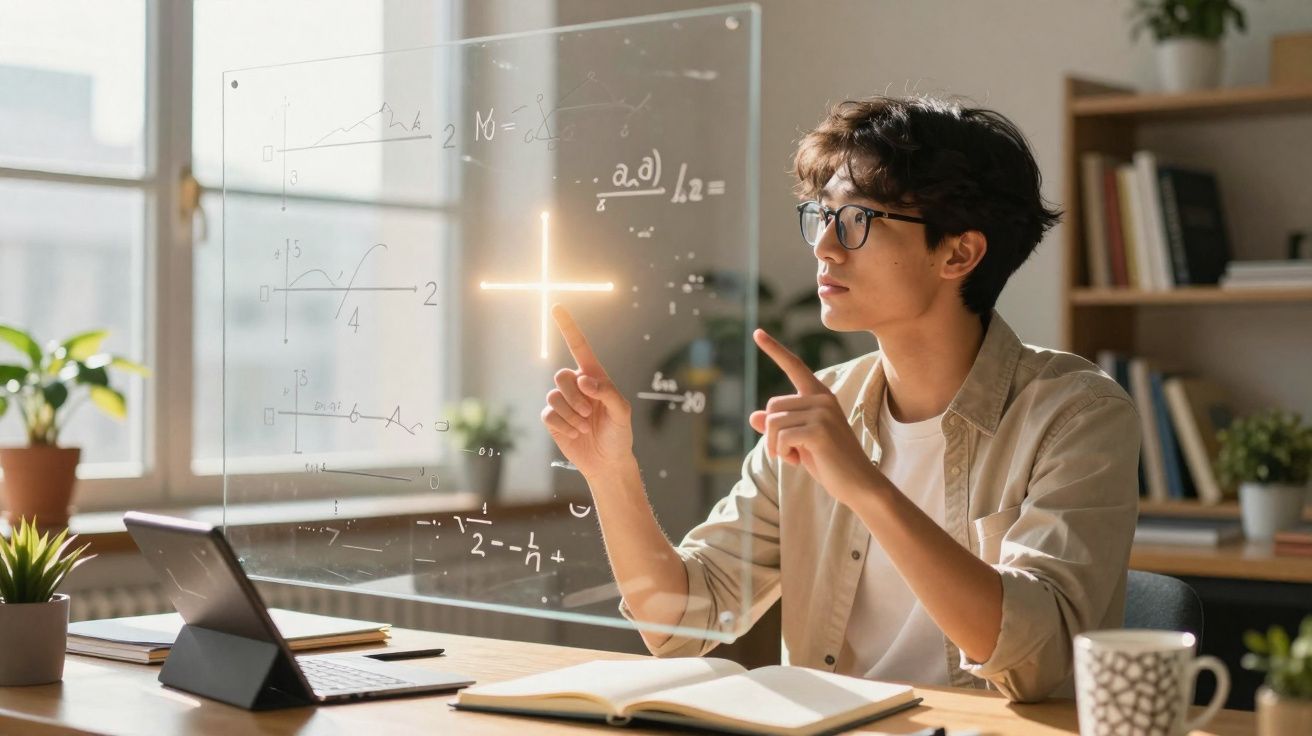 Jeune homme étudiant, manipulant des formules mathématiques sur un écran virtuel dans un bureau lumineux.