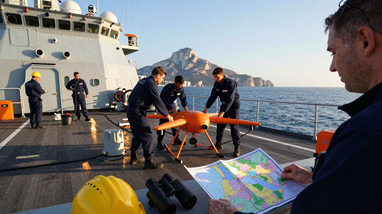 Militaires sur un navire préparent un drone orange, un homme consulte une carte, mer et montagne en arrière-plan.