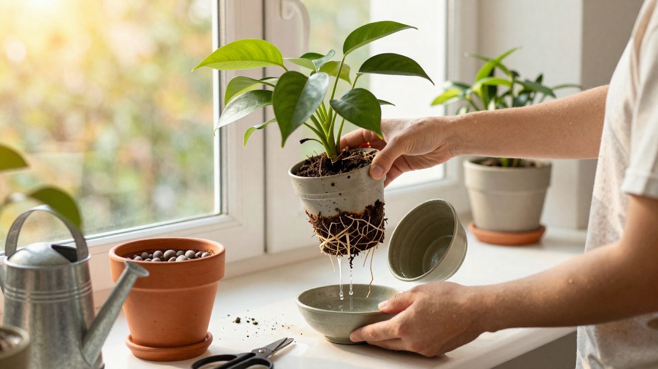 Personne rempotant une plante verte avec ses racines au-dessus d'un récipient à côté d'une fenêtre.