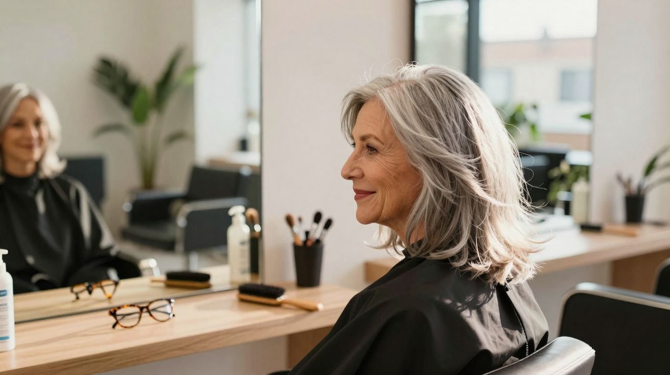 Femme aux cheveux gris souriante assise dans un salon de coiffure, regardant son reflet dans le miroir.