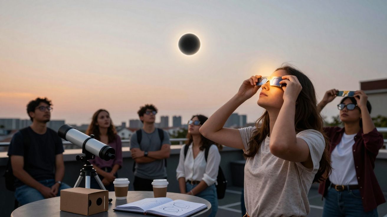 Groupe de personnes observant une éclipse solaire avec lunettes spéciales et télescope sur un toit au coucher du soleil.
