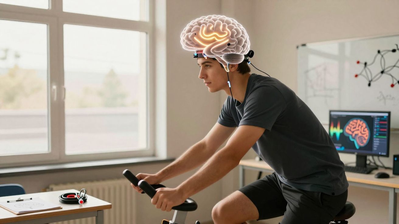 Homme faisant du vélo d’appartement avec casque détectant activité cérébrale dans un laboratoire moderne.