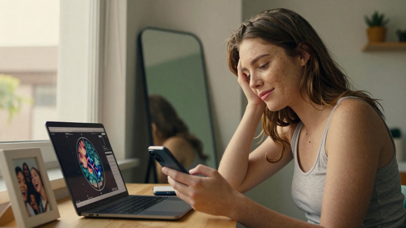Jeune femme souriante utilisant un smartphone assise à une table avec un ordinateur portable ouvert.