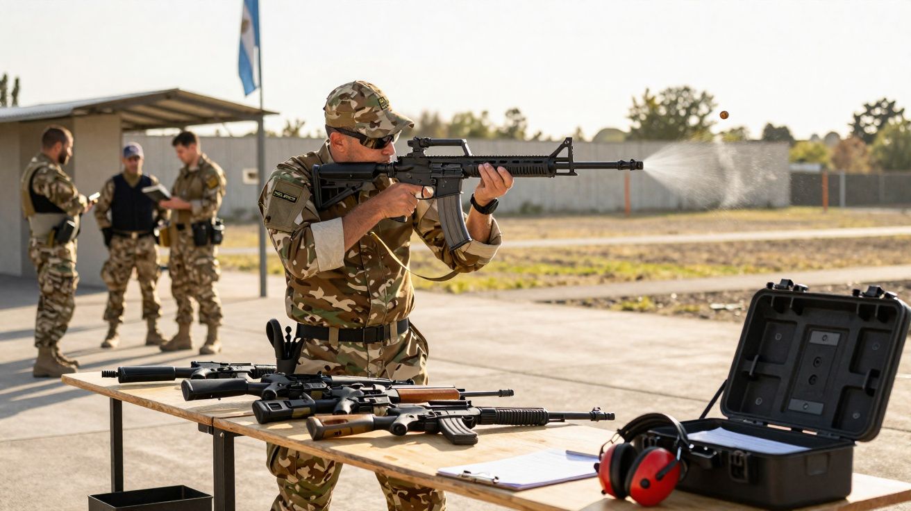 Soldat en tenue camouflage tirant avec un fusil d'assaut lors d'un entraînement en extérieur.