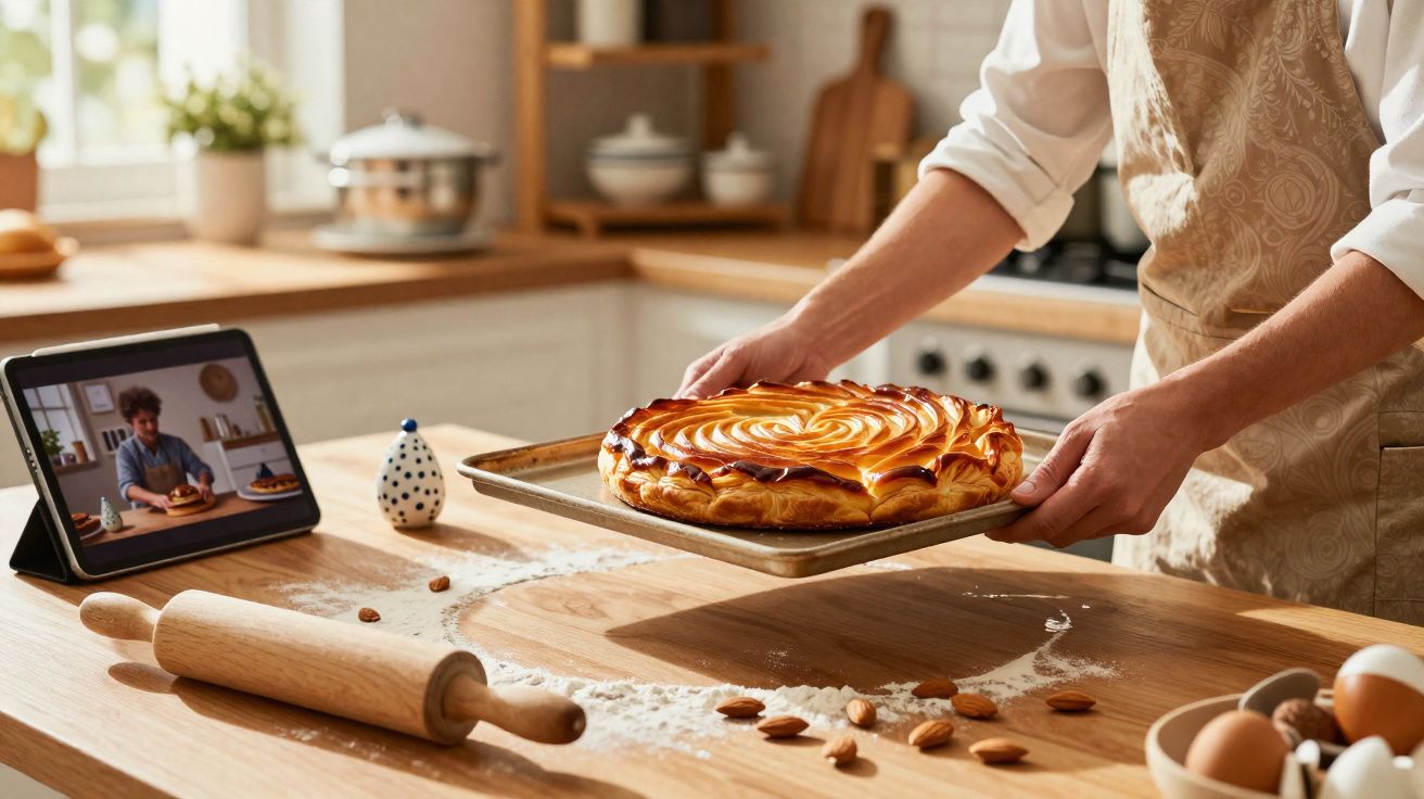 Personne tenant une tarte dorée dans une cuisine, avec une tablette montrant un cours de pâtisserie en ligne.